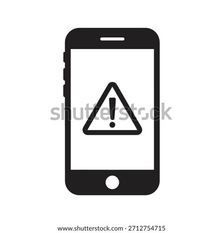 Black and white vector illustration of a mobile smartphone device displaying a triangular warning exclamation symbol on the screen.