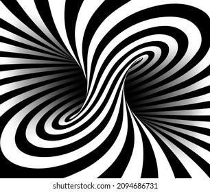 Black and white vector illustration of mobius torus inside view with geometrical hypnotic twisting striped lines. 