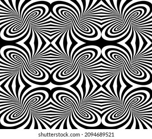 Black and white vector illustration of mobius torus seamless pattern with geometrical hypnotic twisting striped lines. 