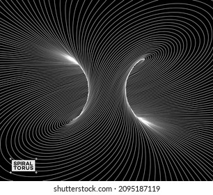 Black and white vector illustration of mobius torus inside view with geometrical hypnotic twisting white lines on black background.