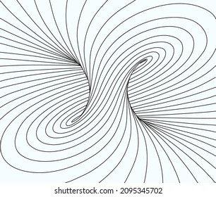 Black and white vector illustration of mobius torus inside view with geometrical hypnotic twisting black lines on white background.