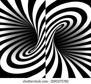 Black and white vector illustration of mobius torus inside view cut in two halves with geometrical hypnotic twisting striped lines. 