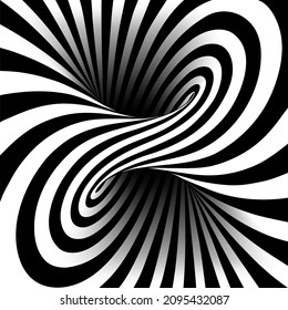 Black and white vector illustration of mobius torus inside view with geometrical hypnotic twisting striped lines. 