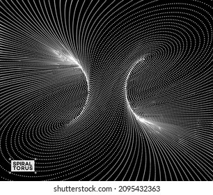 Black and white vector illustration of mobius torus inside view with geometrical hypnotic twisting white dots on black background.