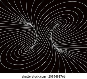 Schwarz-Weiß-Vektorgrafik von mobilen Torus-Innenansicht mit geometrisch hypnotischen, weißen Linien auf schwarzem Hintergrund.