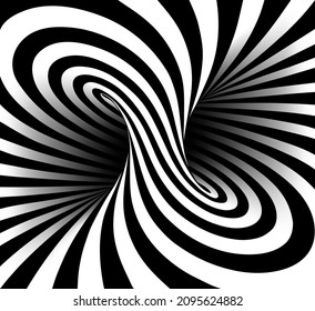 Black and white vector illustration of mobius torus inside view with geometrical hypnotic twisting striped lines. 