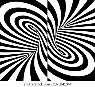 Black and white vector illustration of mobius torus inside view cut in two halves with geometrical hypnotic twisting striped lines. 