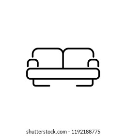 Black & white vector illustration of modern sofa. Line icon of settee. Home & office furniture. Isolated object on white background