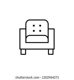 Black & White Vector Illustration Of Modern Tufted Armchair. Line Icon Of Arm Chair Seat. Upholstery Furniture For Living Room & Bedroom. Isolated Object On White Background 