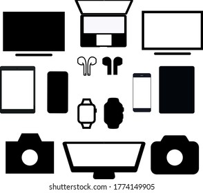 black and white vector illustration of modern communication devices, mobile phone, wireless headphones, tablet, noteobook computer and watch