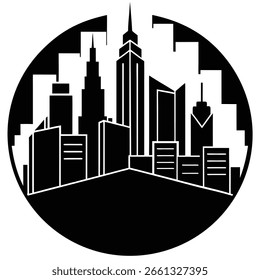 Una Ilustración vectorial en blanco y negro de un paisaje urbano moderno con varios rascacielos silueteados dentro de un marco circular.