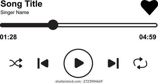 Black and white vector illustration of a modern music player user interface. Minimalist audio playback controls, progress bar, and text placeholders for "Song Title" and "Singer Name" isolated on a white background. Ideal for software development mockups, mobile app UI design, and digital media projects.
