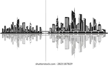 Black and white vector illustration of a modern city skyline reflecting in the water surface split in two parts.