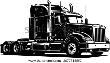 A black and white vector illustration of a modern semi-truck tractor unit with a sleeper cab, viewed from a three-quarter angle on a white background.