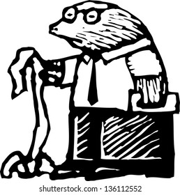 Black and white vector illustration of a mole as an accountant