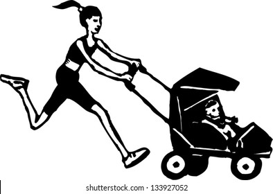 Black And White Vector Illustration Of Mom Jogging And Pushing Baby Stroller