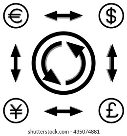Black and white vector illustration of money conversion of the four major international currency