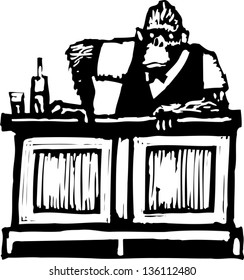 Black and white vector illustration of a monkey as a bartender