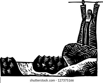 Black And White Vector Illustration Of Moses Parting The Red Sea