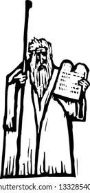 Black and white vector illustration of Moses with ten commandments