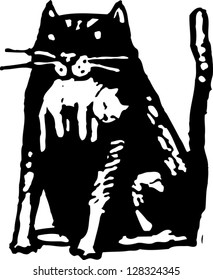 Black and white vector illustration of a mother cat with a kitten