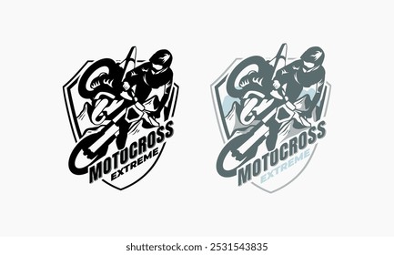 Uma ilustração vetorial em preto e branco de um motociclista realizando uma acrobacia em um logotipo em forma de escudo com o texto "Motocross Extreme".