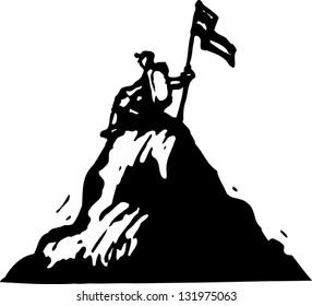 Black and white vector illustration of mountain climber on the top of the mountain