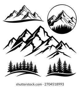 Ilustración vectorial en blanco y negro de cadenas montañosas y grupos de pinos. Conveniente para el diseño del logotipo o los gráficos temáticos al aire libre.
