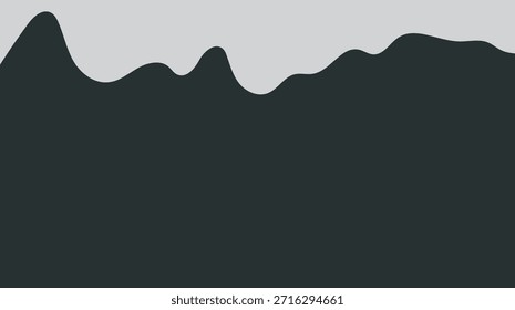 Ilustración vectorial en blanco y negro de un paisaje montañoso con colinas onduladas y niebla bajo un cielo nublado con un sol y un horizonte sobre las olas del océano