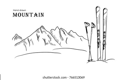 black and white Vector illustration of Mountain  graphic art pen landscape width skis