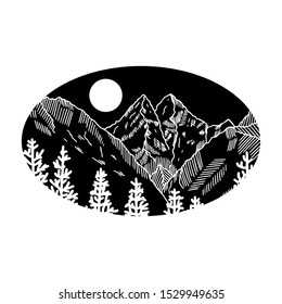 Black and white vector illustration. Mountains and trees on a black background.