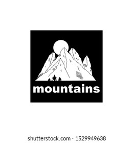 Black and white vector illustration. Mountains and trees on a black background.