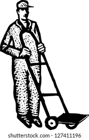 Black and white vector illustration of mover with dolly