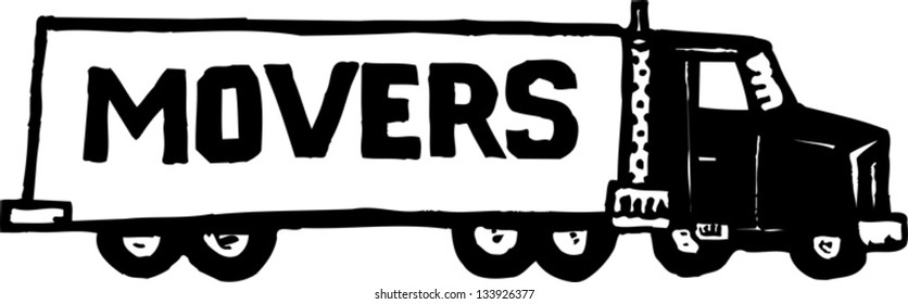 Black and white vector illustration of moving truck
