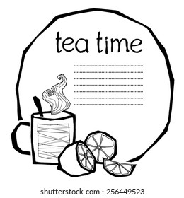 black and white vector illustration of a mug of hot tea and a lemon, can be used as a template for menu page