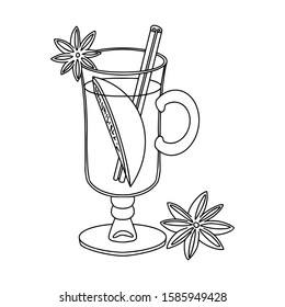 Black and white vector illustration. Mulled wine in a glass. Hot wine alcoholic drink. Winter beverage. Object is hand-drawn and isolated on a white background.