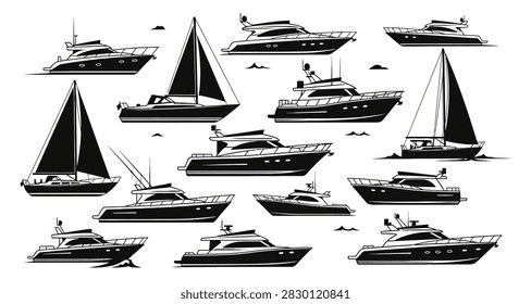 Black and white vector illustration of multiple luxury yachts and sailboats