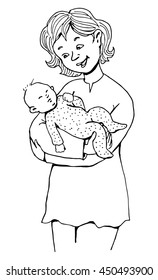 A black and white vector illustration of a mum holding her sleeping baby in her arms and looking and smiling at it.