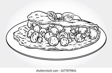 Ilustración vectorial en blanco y negro de una tortilla de champiñones con tomate y albahaca en una placa.