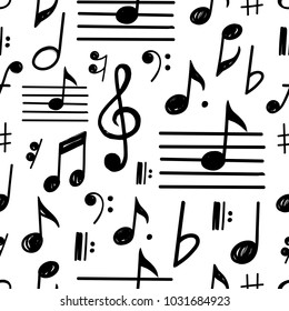 Black and white Vector illustration of a Music Notes Vector Seamless Pattern sketch