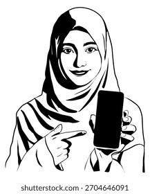 Ilustración vectorial en blanco y negro de una mujer musulmana con hiyab apuntando a un teléfono inteligente con pantalla en blanco. Estilo minimalista del arte de la línea conveniente para hacer publicidad, promoción móvil del App.