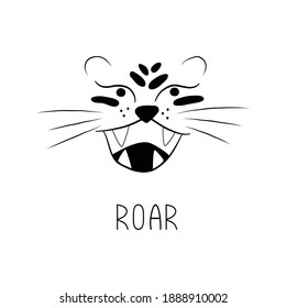 Black and white vector illustration with the muzzle of a  snarling tiger for kids textile, children room decoration