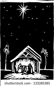 Black and white vector illustration of Nativity scene
