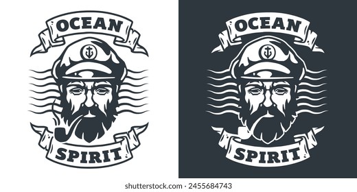 Black and white vector illustration of a nautical captain with a beard, wearing a sailor hat, encapsulated by an ocean spirit banner, representing a timeless maritime theme.