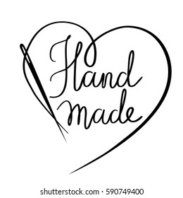 Black and white vector illustration of a needle and thread, love hand made