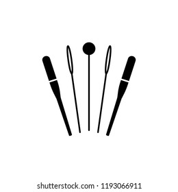 Black & white vector illustration of needles & pins. Flat icon of quilting instrument. Patchwork & sewing tools. Needlework accessories. Isolated object on white background. 