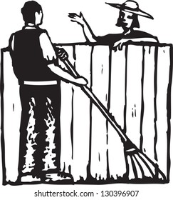 Black And White Vector Illustration Of Neighbors Talking Over Fence