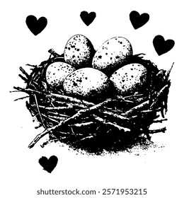 black and white vector illustration of a nest filled with eggs and surrounded by hearts, styled in a vintage engraving technique, perfect for nature and decorative themes