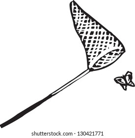 Black and white vector illustration of net catching butterfly
