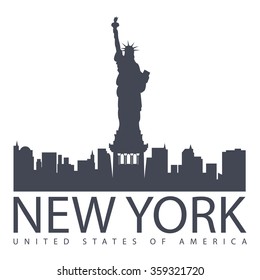 black and white vector illustration of New York with the Statue of Liberty